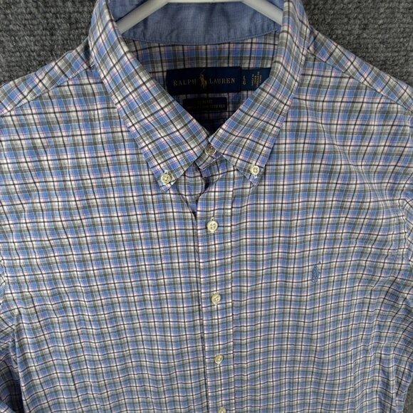 Ralph Lauren Button Up Shirt Long Sleeve Men Pink Blue Plaid Slim Cotton Stretch - Picture 1 of 14